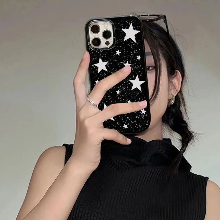 Cool Stars Gloss Black Stylish Phone Case For iPhone 15 14 13 Pro Max 11 12 Mini XR Max X 7 8 Plus SE Y2K Shockproof Soft Cover