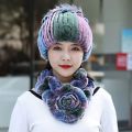 New Knitted Women Winter Real Rex Rabbit Fur Hat Scarf Natural Soft Rex Rabbit Fur Cap Scarves Sets For Lady Outdoor Keep Warm. 