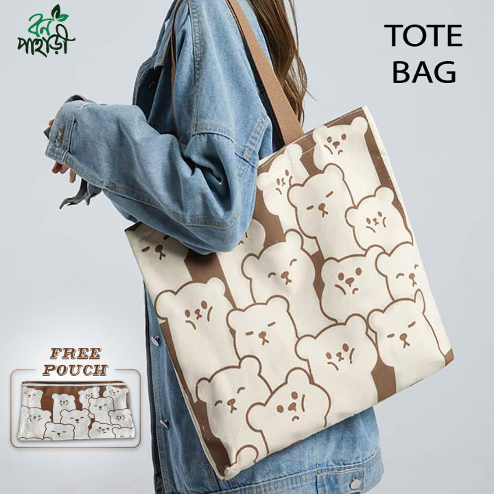 Trendy Top Handle Cute Panda Design Brown Color Tote Canvas Bag With Free Pouch Shopping Bag / College / University Bag, Tote Bag, Canvas Bag with Zipper