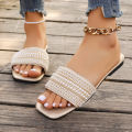 European and American foreign trade flat size beaded slippers women's square toe rhinestone light beach slippers Slipper. 