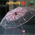 Transparent Three Folding Umbrella Ladies Stylish Clear Pink, Purple, Blue & Green Folding Umbrella. 