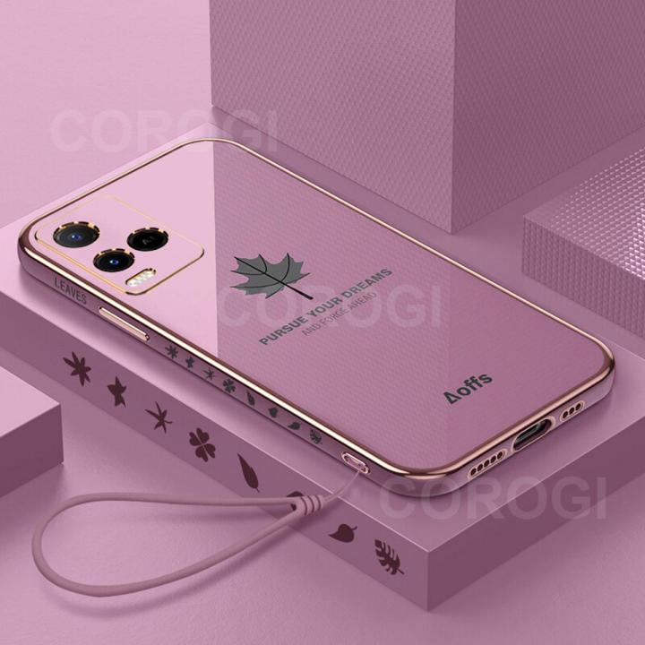 COROGI for Vivo Y21 Back Cover with Lanyard Luxury Plating Maple Leaf Stylish Fancy Case Soft Silicone Square Mobile Phone Cases Pouch for Girls Boys