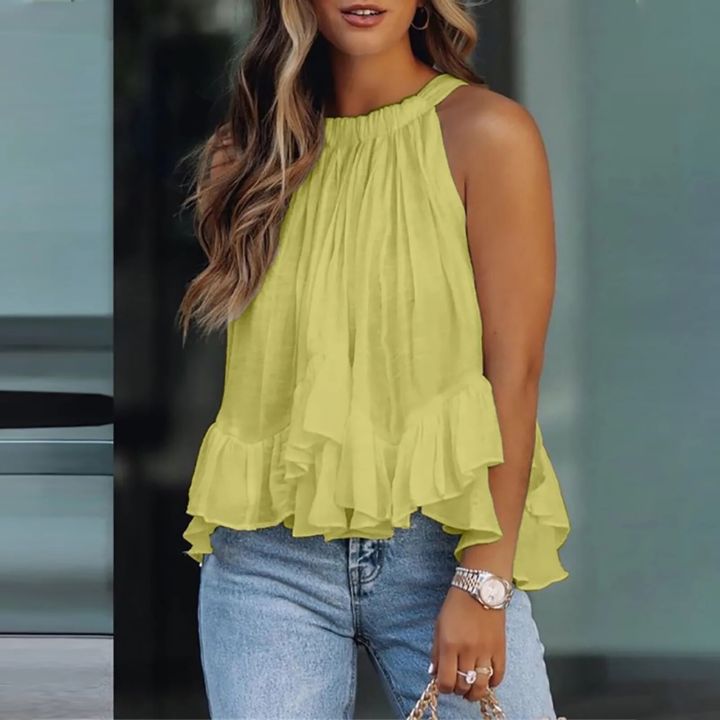 Ruffles Blouse Women Sleeveless Vest Pleated O-neck Solid Elegant Tops Tee Tank Plus Size Summer Casual Shirt blusas
