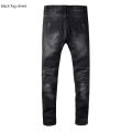 black fog street Men's pleated patchwork ripped black biker jeans Trendy streetwear holes stretch denim pants 638#. 