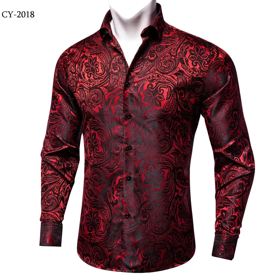 slim fit dress slacks Hi-Tie Black Floral Top Rose Gold Floral Silk Men's Long Sleeve Shirt, XL