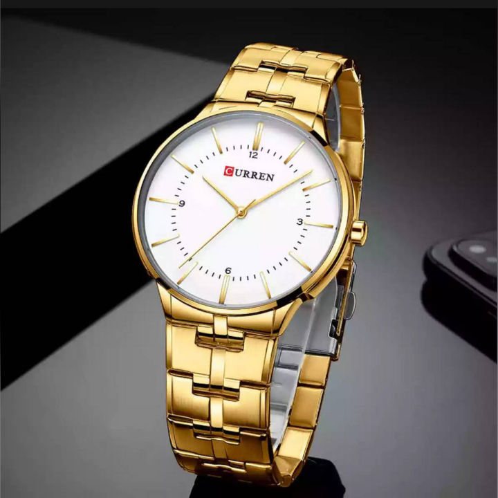 CURREN 8321 Golden Stainless Steel Analog Watch For Men - White & Golden