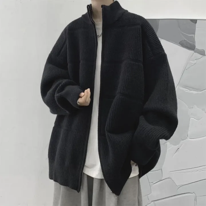 Japanese%20Zipper%20Knitted%20Cardigan%20Coat%20Autumn/winter%20Solid%20High%20Neck%20Sweater%20Male%20Lazy%20Style%20Loose%20Knitwear%20Men's%20Winter%20Clothes%20-%20Image%203
