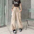 Y2K Trousers Women Cargo Pants Straight Wide Leg Drawstring Oversize Pockets Kpop High Waisted Breathable Solid Color Sweatpants. 