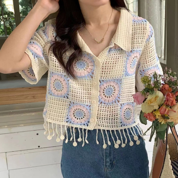 【Factory-direct】 Granny Square Crochet Top Short Sleeve Collared Button Down Open Knit Crop Cardigan for Women Teengirl Boho Vintage Outfit