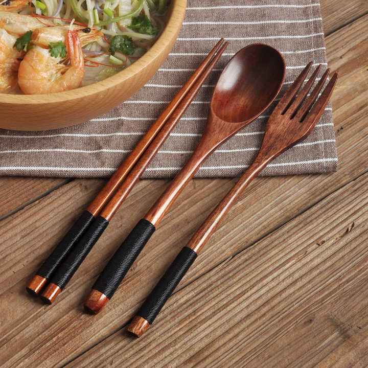 Wooden Tableware Set - Handmade, 4-Piece Dinnerware with Spoon, Chopsticks, Fork for Home Dining, Rice & Soup
