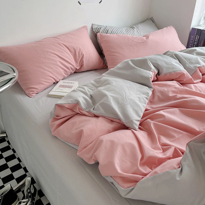 Solid%20color%20double%20four-piece%20bedding%20set%20household%20sheets%20duvet%20cover%20washed%20cotton%20bed%20sheet%20style%20double%20dormitory%20-%20Image%208