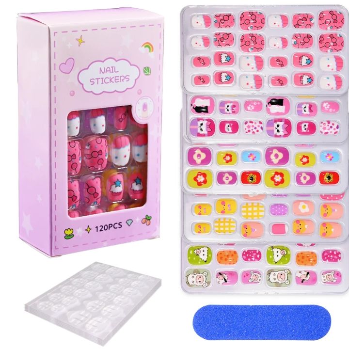 120pcs/Set Cartoon Design Children Nails Art Girl Convenient Wearable Stick On False Nails Tips Cute Press On Nail Strips