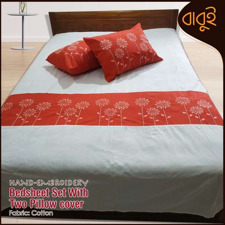 Hand-embroidery%20floral%20motif%20art%20Cotton%20Fabric%207%20Feet%20by%208.5%20Feet%20Double%20King%20Size%20Bedsheet%20Set%20with%20Two%20Pillow%20Covers%20Bed%20Sheet%20-%20Image%203