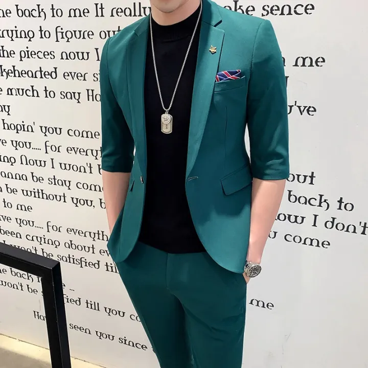 (Jackt+Pant)2021%20Men%20Suits%20Half%20Sleeve%20Spring%20Summer%20Slim%20British%20Short%20Sleeve%20Blazer%20Coat%20Trend%20Male%20Designer%20Tuxedo%202%20Pcs%20Set%20-%20Image%202