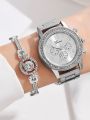 5 PCS Set Silver Luxury Watch Women Ring Necklace Earrings Rhinestone Fashion Wristwatch Female Casual Watches Bracelet Set. 