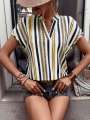 Europe and the United States women's summer multi-colored striped casual shirt V-neck short sleeve.