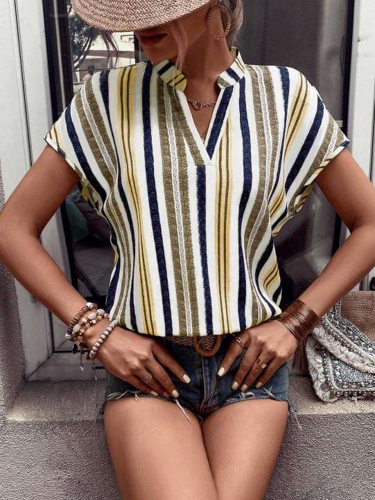 Europe%20and%20the%20United%20States%20women's%20summer%20multi-colored%20striped%20casual%20shirt%20V-neck%20short%20sleeve%20-%20Image%205