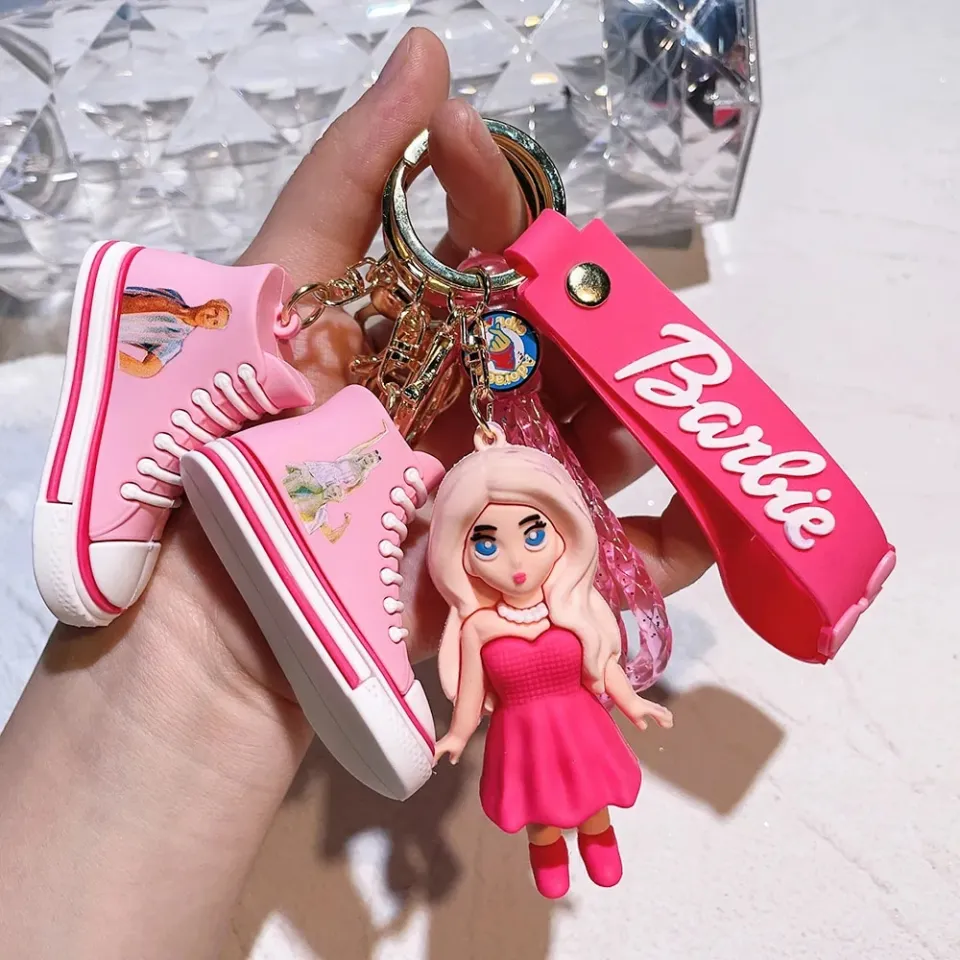 Cartoon Barbie Pvc Keychains Pink Barbie Figure Love Heart Pendant