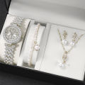 Luxurious 5pcs Set of Fashionable Metal Women's Quartz Watches & Pearl Jewelry, Perfect for Ladies & Girls.