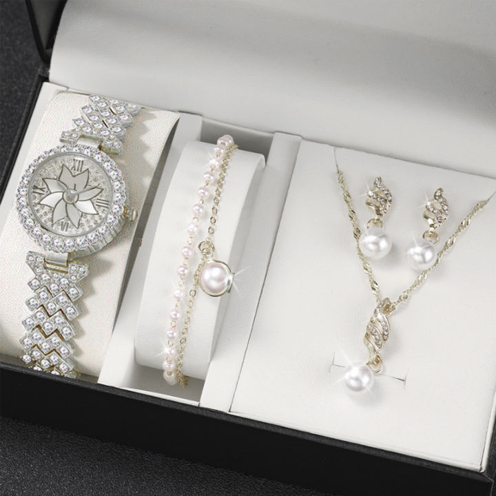 Luxurious%205pcs%20Set%20of%20Fashionable%20Metal%20Women's%20Quartz%20Watches%20&%20Pearl%20Jewelry,%20Perfect%20for%20Ladies%20&%20Girls%20-%20Image%203