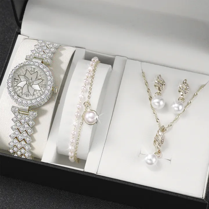 Luxurious%205pcs%20Set%20of%20Fashionable%20Metal%20Women's%20Quartz%20Watches%20&%20Pearl%20Jewelry,%20Perfect%20for%20Ladies%20&%20Girls%20-%20Image%203