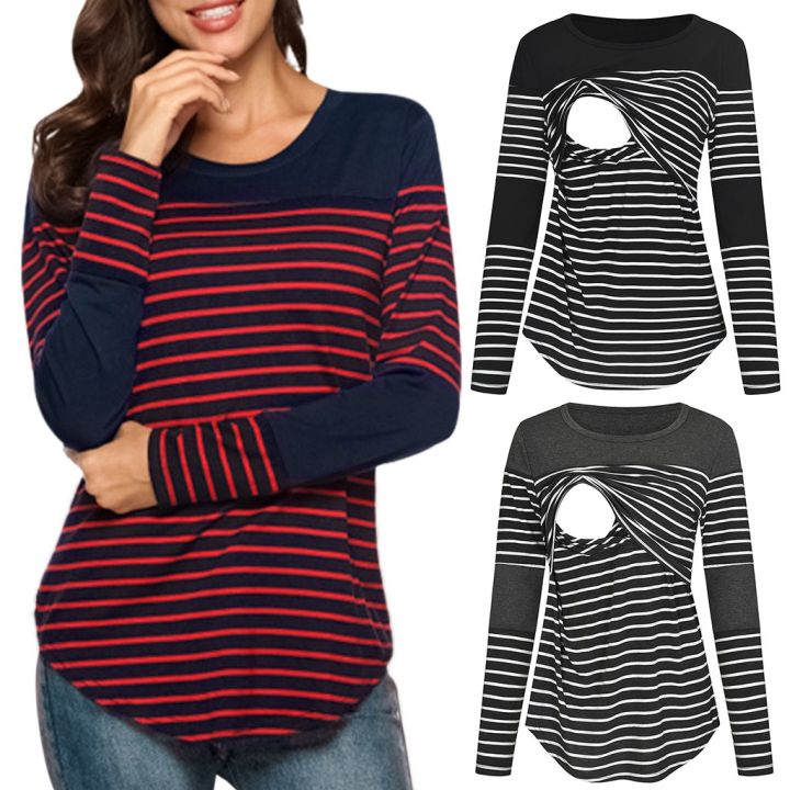 Pregnancy Maternity Clothes Women Maternity Casual Striped Nursing Tops T-shirt Breastfeeding Tops Pregnant Women
