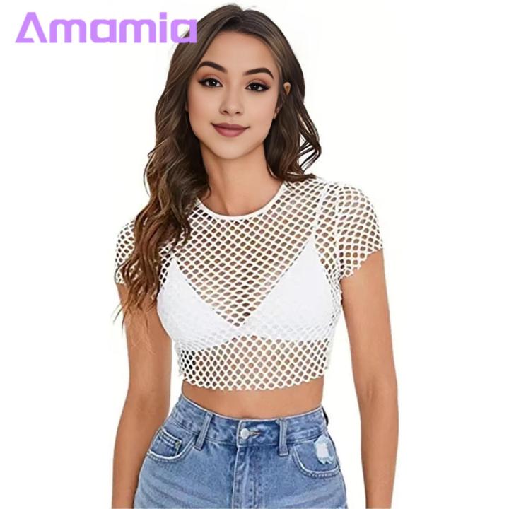 Women%20Cropped%20Tops%20Stylish%20Ser%20Mesh%20Crop%20Top%20O-neck%20Short%20Sleeve%20Slim%20Fit%20Tee%20Shirt%20for%20Fashionistas%20See-through%20Mesh%20Crop%20Top%20-%20Image%202