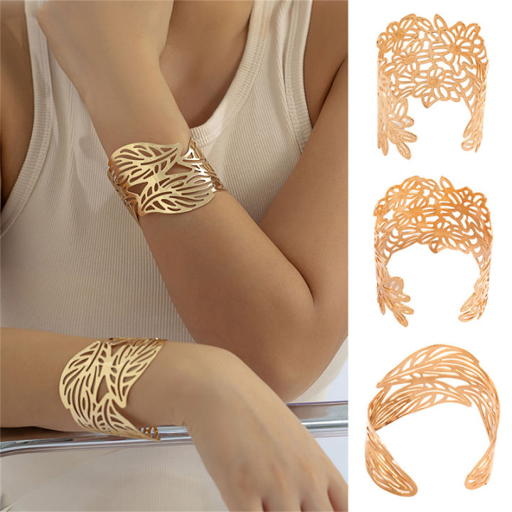 Metal Hollow Flower Leaf Bangles For Women Open Adjustable Wide Cuff Bracelet Party Wedding Jewelry WANNA