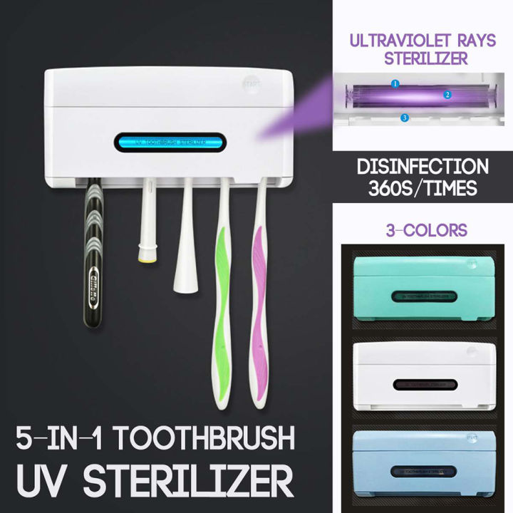 Ecocc【COD】 5 in 1 UV Light Ultraviolet Toothbrush Sterilizer Holder Automatic Toothpaste Squeezer Dispenser Home Bathroom Set High quality plug and play