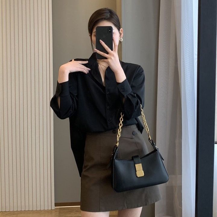 Black%20Shirt%20Women's%20Long-Sleeved%20Spring%20and%20Autumn%20French%20Design%20Feeling%20Light%20Mature%20Wind%20Exquisite%20Stacked%20Loose%20Temperament%20Professional%20Shirt%20-%20Image%202