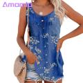 Amamia Denim Blouse Arc Hem Sleeveless Floral Print Denim Blouse.