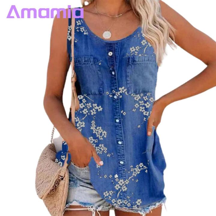 Amamia Denim Blouse Arc Hem Sleeveless Floral Print Denim Blouse