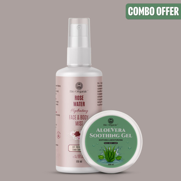 Bio Organic Rose Water 120ml and Aloe Vera Soothing gel 300ml Combo