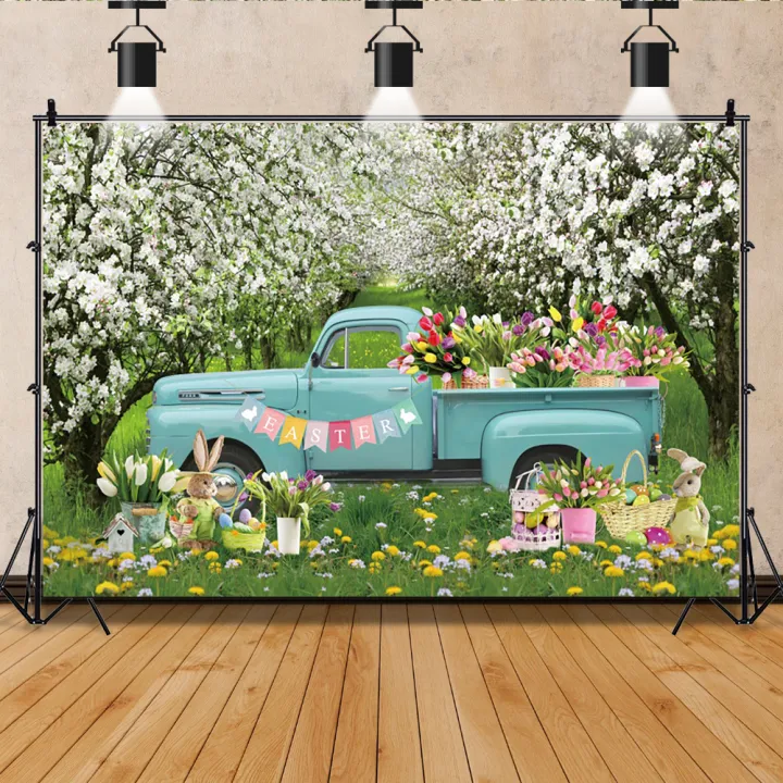 Portrait photo background forest truck grass children spring easter bunny photo background decorative banner green forest photo area