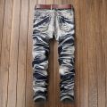 2022 High Quality Men Casual Jeans Coated Slim Straight Pleated Biker Jeans Pants Male Denim Casual Pants Plus Size 42. 
