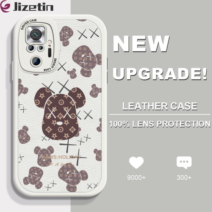 Jizetin for Redmi Note 10 Pro / Note 10 Pro Max Back Cover Luxury Brand Bear Lambskin Texture PU Leather Back For Girls Boys Soft Phone Case