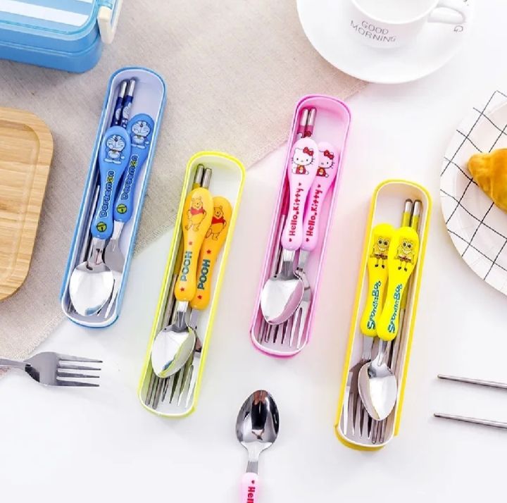 Kawaii Kt Cat Cartoon Kids Portable Stainless Steel Cutlery Anime Cute ...