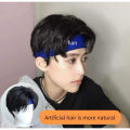 Wig boy short straight hair Korean version fluffy handsome oblique bangs students retro simulation high temperature hair natural realistic hair set. 