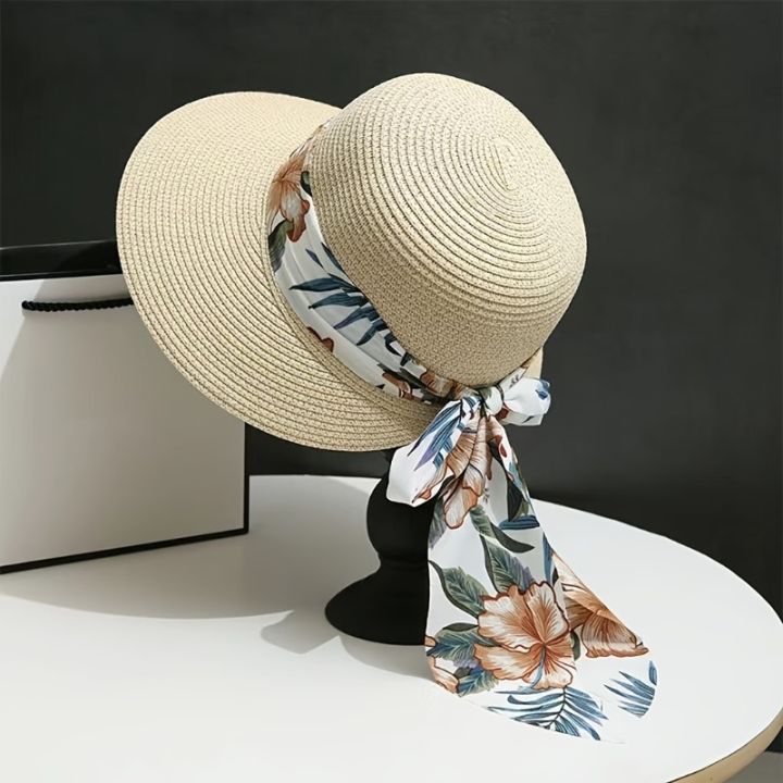 Women%20Summer%20Streamer%20Bow%20Bowler%20Hat%20Outdoor%20Large%20Rim%20Visor%20Foldable%20Sun%20Hat%20Beach%20Cap%20-%20Image%202