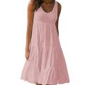 Women's Summer Smock Dress Ladies Holiday Beach Casual Loose Frill Mini Sundress Sleeveless Round-collar Large Size Beach Dress.