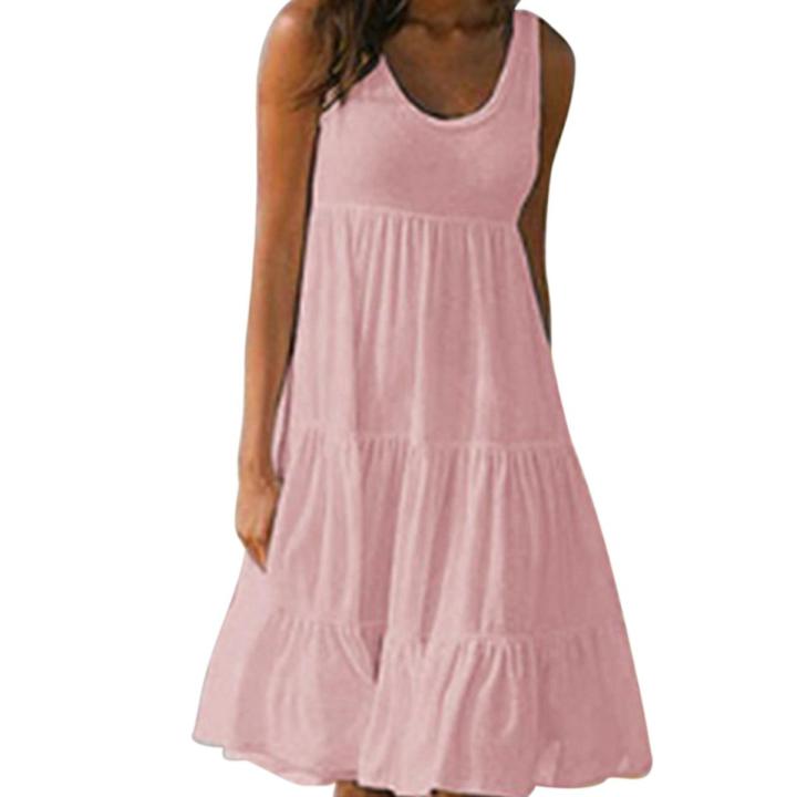 Women's Summer Smock Dress Ladies Holiday Beach Casual Loose Frill Mini Sundress Sleeveless Round-collar Large Size Beach Dress