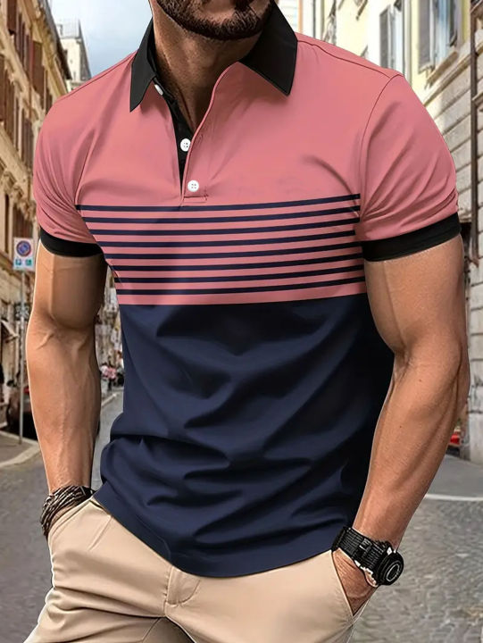 Striped%20Men's%20Casual%20Color%20Block%20Short%20Sleeve%20Lapel%20Polo%20Shirt%20For%20Summer%20Golf%20Shirt%20EUROPEAN%20Measurement%20-%20Image%205