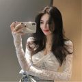 Autumn and Winter New Korean Style Slim-Fit Slimming Temperament V Collar Long Sleeve T T-shirt Women's Sexy Lace Inner Match Bottoming Shirt Trendy Top.