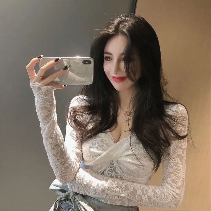 Autumn%20and%20Winter%20New%20Korean%20Style%20Slim-Fit%20Slimming%20Temperament%20V%20Collar%20Long%20Sleeve%20T%20T-shirt%20Women's%20Sexy%20Lace%20Inner%20Match%20Bottoming%20Shirt%20Trendy%20Top%20-%20Image%202
