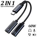 2 IN 1 OTG Headphone Jack USB Type C Splitter to Dual USB C Headphone Adapter 60W Charger for iPhone 15 Samsung Huawei Xiaomi.
