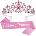 1Set Birthday Girl Tiara Crown Princess Crown With Birthday Sash Metal Princess Crown With Birthday Sash For Women Happy Birthday Party Supplies Pink.