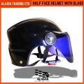 Black Half Face Helmet – Cap Style Bike Helmet with Sun Protection Glass | Stylish Open Face Helmet for Men & Women – Durable ABS Build. 