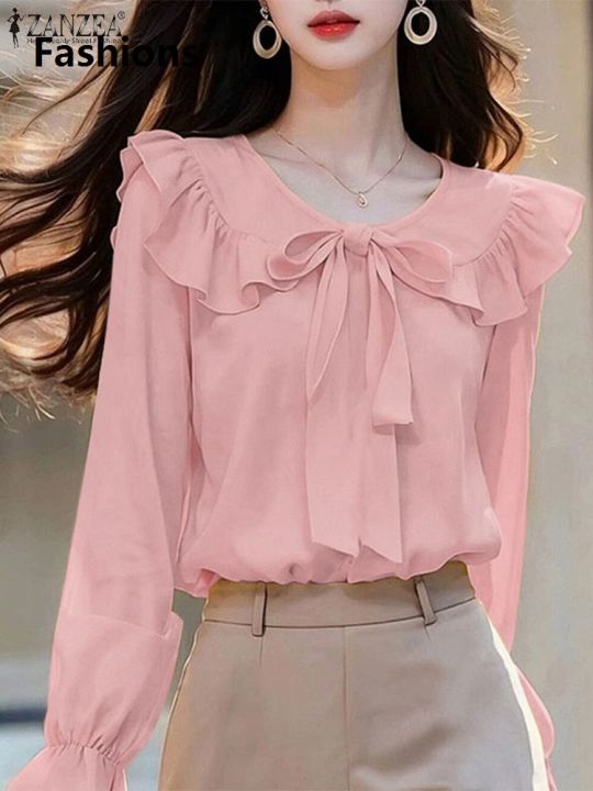 Fashions%202025%20ZANZEA%20Peter%20Pan%20Collar%20Long%20Sleeve%20Blouses%20Korean%20Style%20Women%20Elegant%20Solid%20Smock%20Tops%20Sweet%20Long%20Sleeve%20Tie%20Up%20Blusas%20Mujer%20-%20Image%203