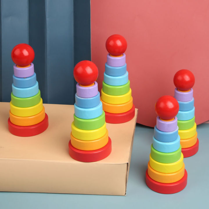 Wooden Puzzle Kids Toys Rainbow Tower Pyramid Nesting Stacking Shape Games Montessori Early Education Toys for Children Gift