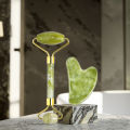 2Pcs/set Green Natural Stone Jade Massage Spa Roller + Gua Sha Board Scrapers Plate for Face Body Anti-aging Facial Massage Jade Roller Set Skin Care Tools.